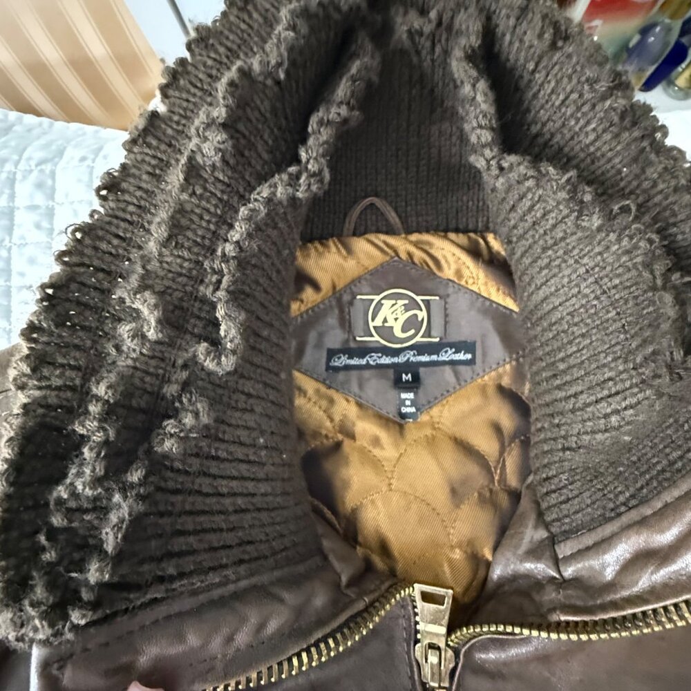 K&C Men's Limited Edition Premium Genuine Leather Bomber Jacket in brown, Size M - Picture 7 of 11